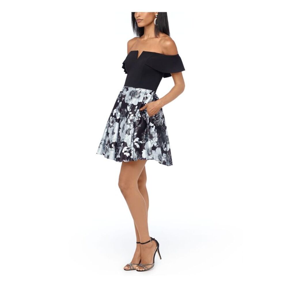BETSY & ADAM Womens Black Pocketed Off Shoulder Short Party Fit + Flare Dress 6 - Picture 3 of 4